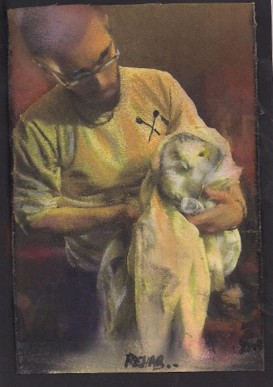 Jonas treating a snowy owl, by Wendy