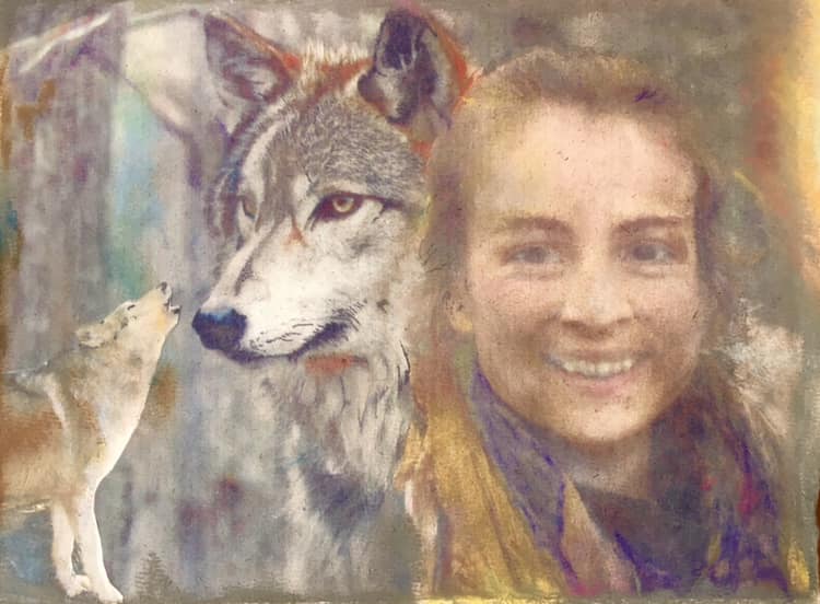 Kayla Hanczyk with wolves, pastel by Wendy Hall
