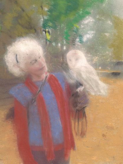 Shuli holding owl, pastel by Wendy Hall